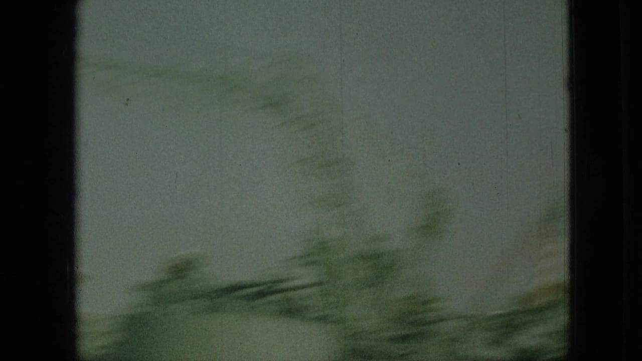Soft, out-of-focus 1968 8mm frame from the Missouri-labeled clip showing green foliage and hazy sky before the docked vessel appears.