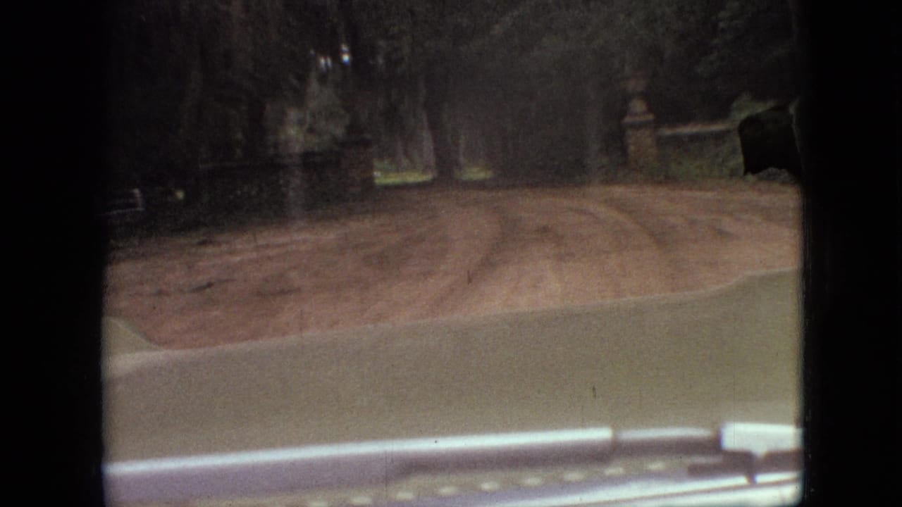 Curving dirt road seen past the car hood, with trees and roadside posts ahead.