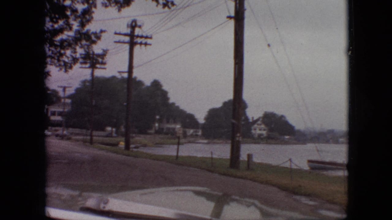 Lakeside street with utility poles, houses, trees, a small boat, and the car hood in the foreground.