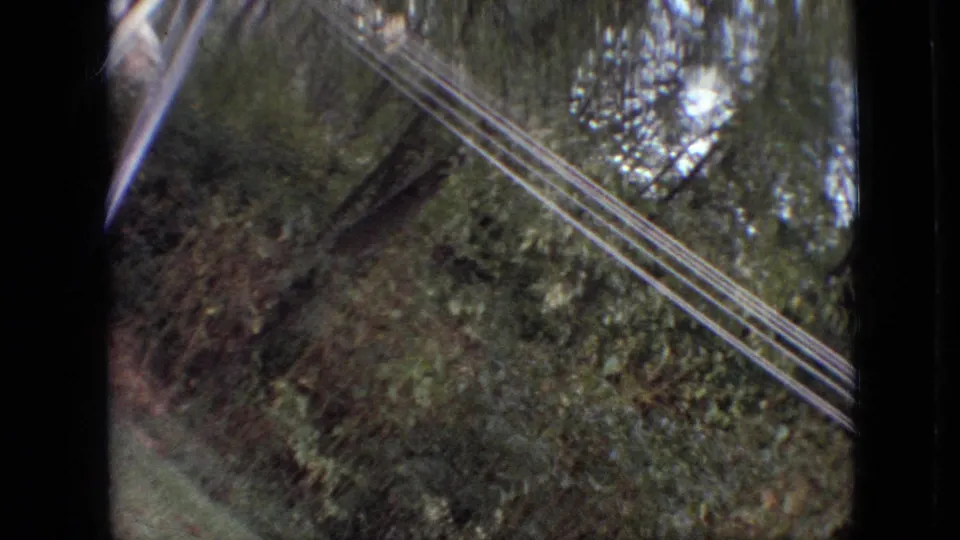 A blurred outdoor 8mm frame showing diagonal metal lines, likely part of a yard structure or swing-set, crossing dense trees and green ground in Branson, Missouri footage from 1968.