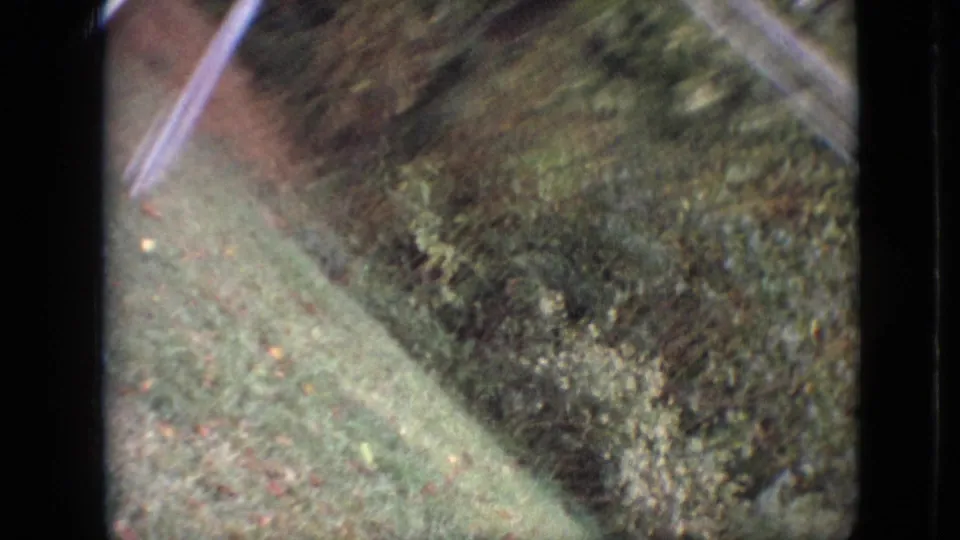 A final blurred 1968 Branson home-movie frame with lawn, shrubs, trees, and a pale diagonal bar or yard-structure element passing through the frame.