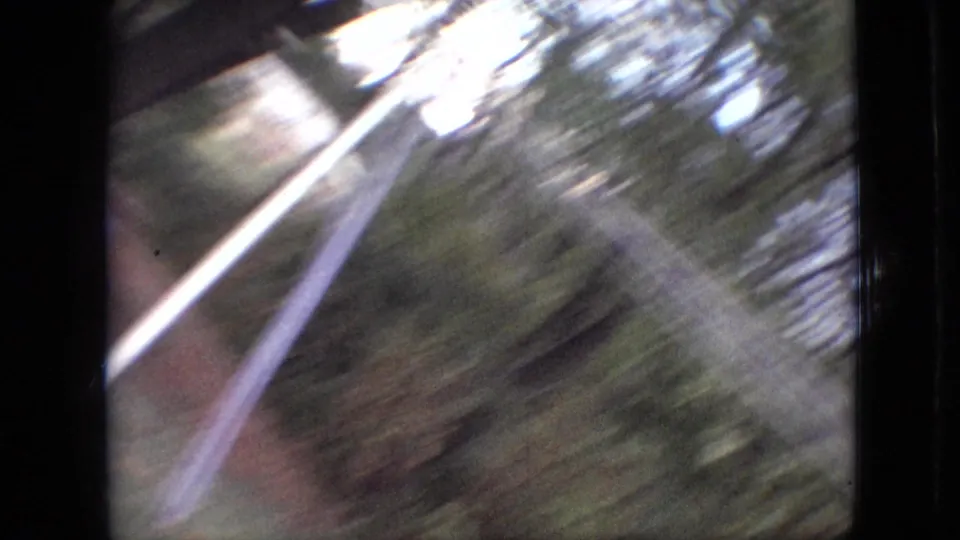 Motion-blurred 8mm frame from the Branson backyard clip, with bright pale hose-like lines or poles cutting across foliage and shaded grass.