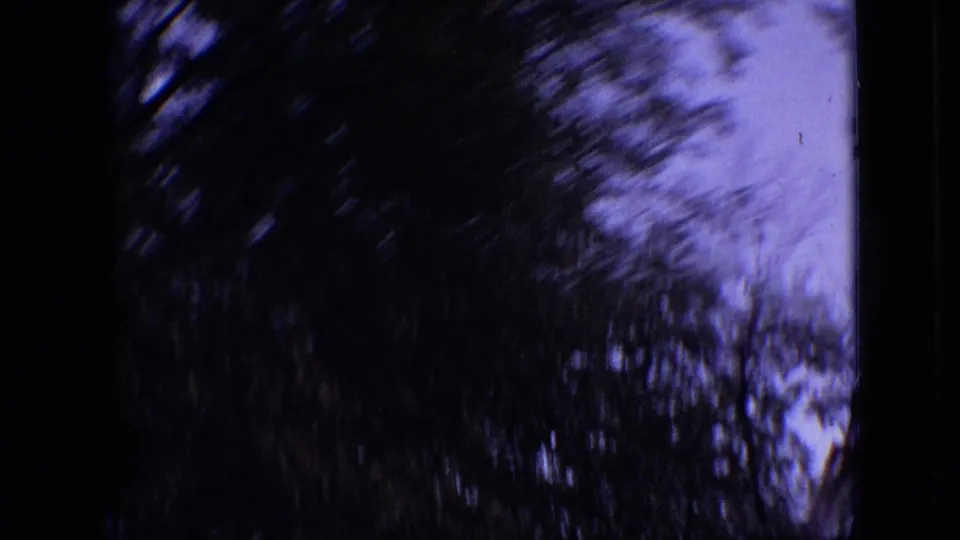 1968 Branson, Missouri 8mm frame showing dark, motion-blurred treetops and branches silhouetted against a blue-purple sky near the end of the upward pan.