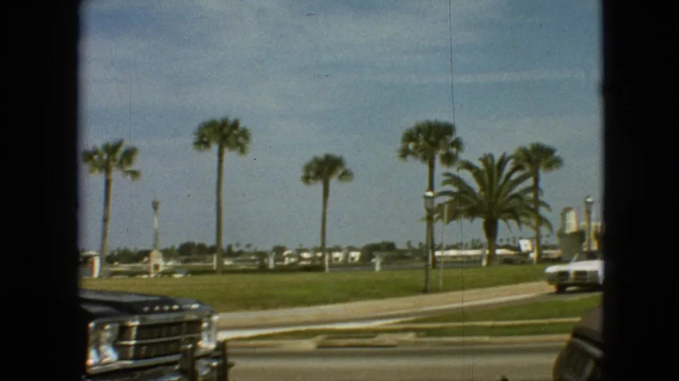 1968 Branson, Missouri home-movie frame showing palm trees, landscaped roadside grass, distant buildings, and classic cars viewed from a moving vehicle.