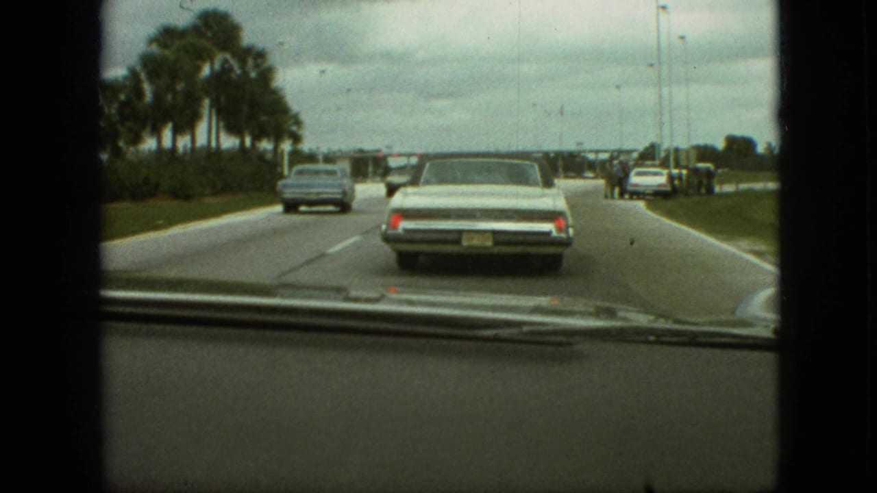 Windshield view of cars ahead on a divided road with palm trees and distant roadside figures.