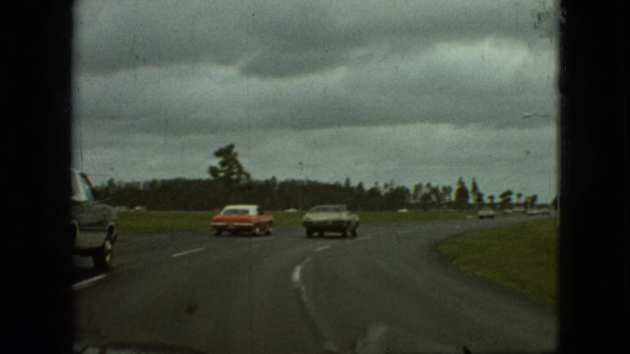 Two cars ahead on a curved highway with grass and trees along the roadside.