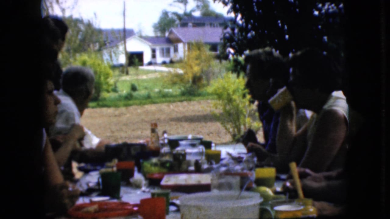 Several adults eat and talk at a long outdoor table under shade, with a bright yard and houses behind them.