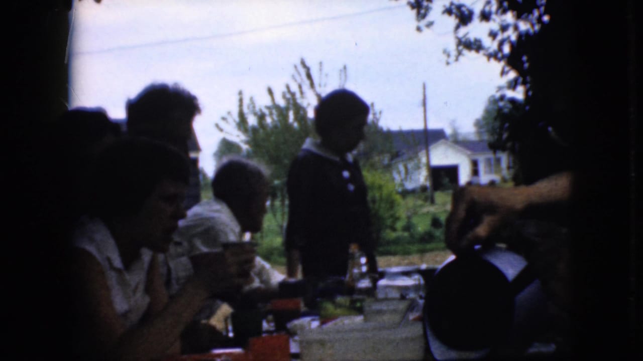 In California in 1969, silhouetted relatives sit at a shaded outdoor table while daylight reveals houses, trees, and garden space beyond.