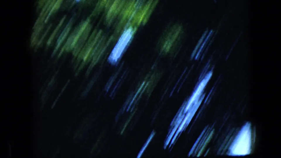 The camera pans quickly upward, turning the backyard view into streaked green foliage and bright sky highlights on 8mm film.