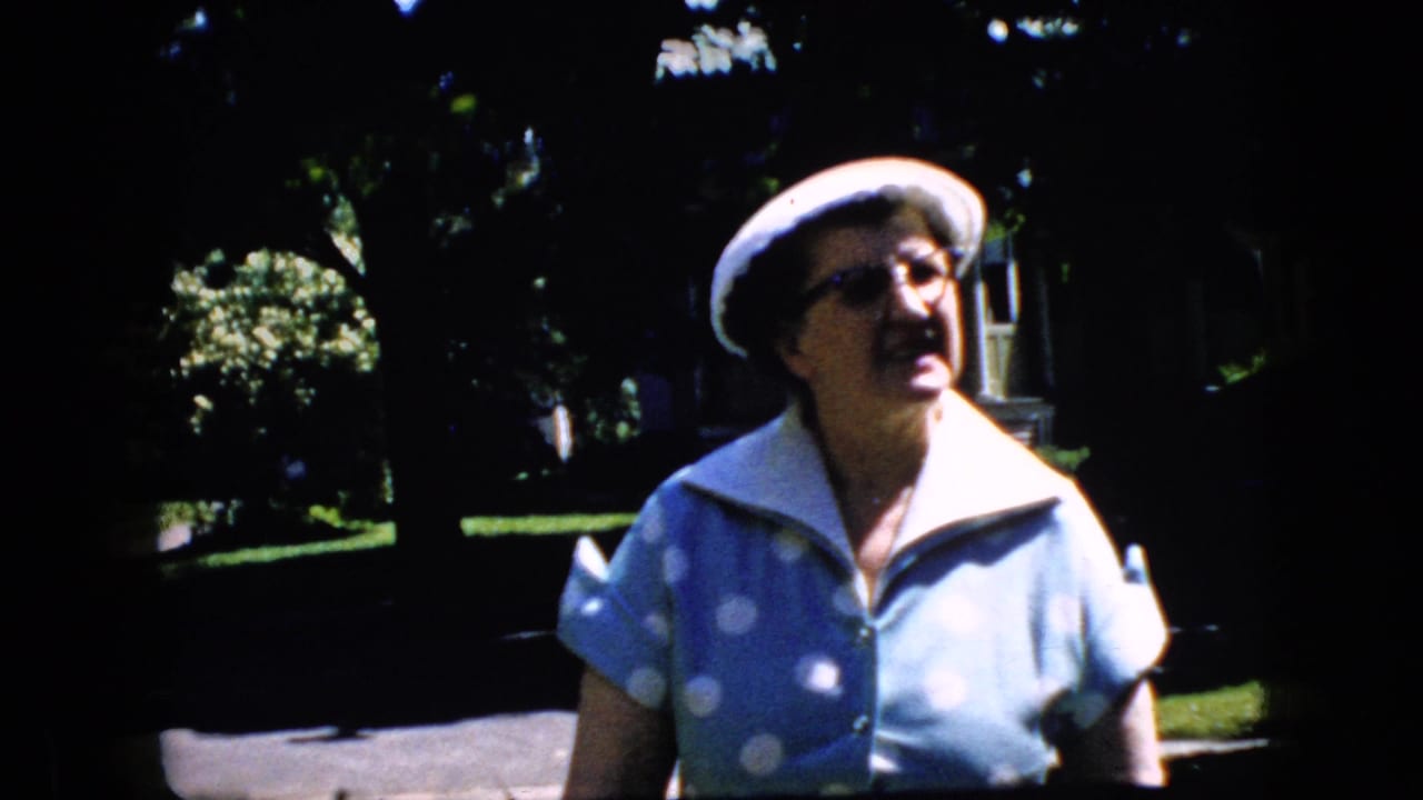 Older woman in a white hat and blue dress closer to the camera under strong tree shade.