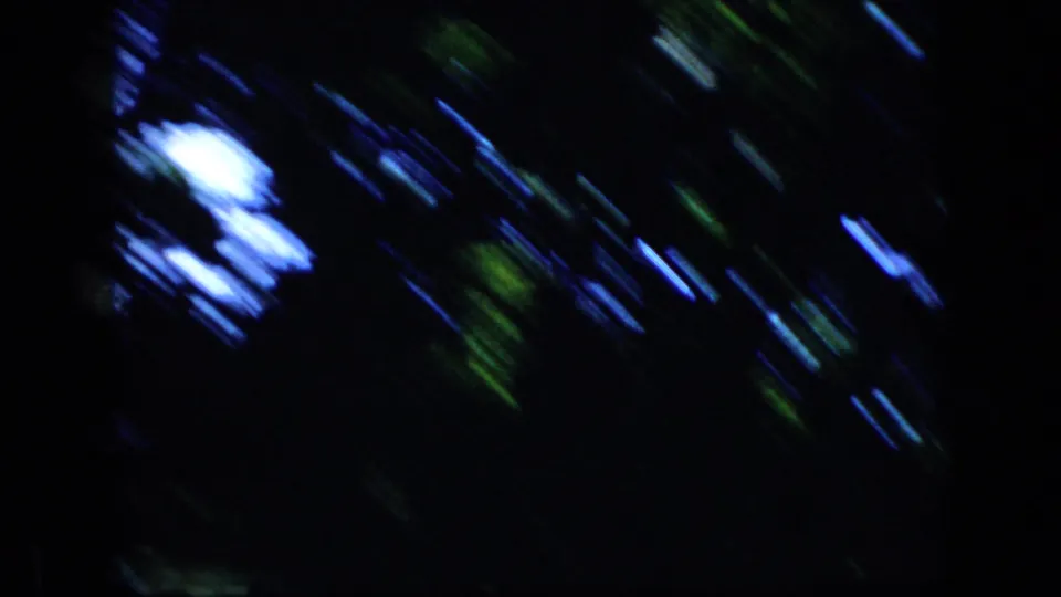 The final frame is mostly dark and motion-blurred, with streaks of green foliage and bright sky suggesting the camera has swung away from the woman.