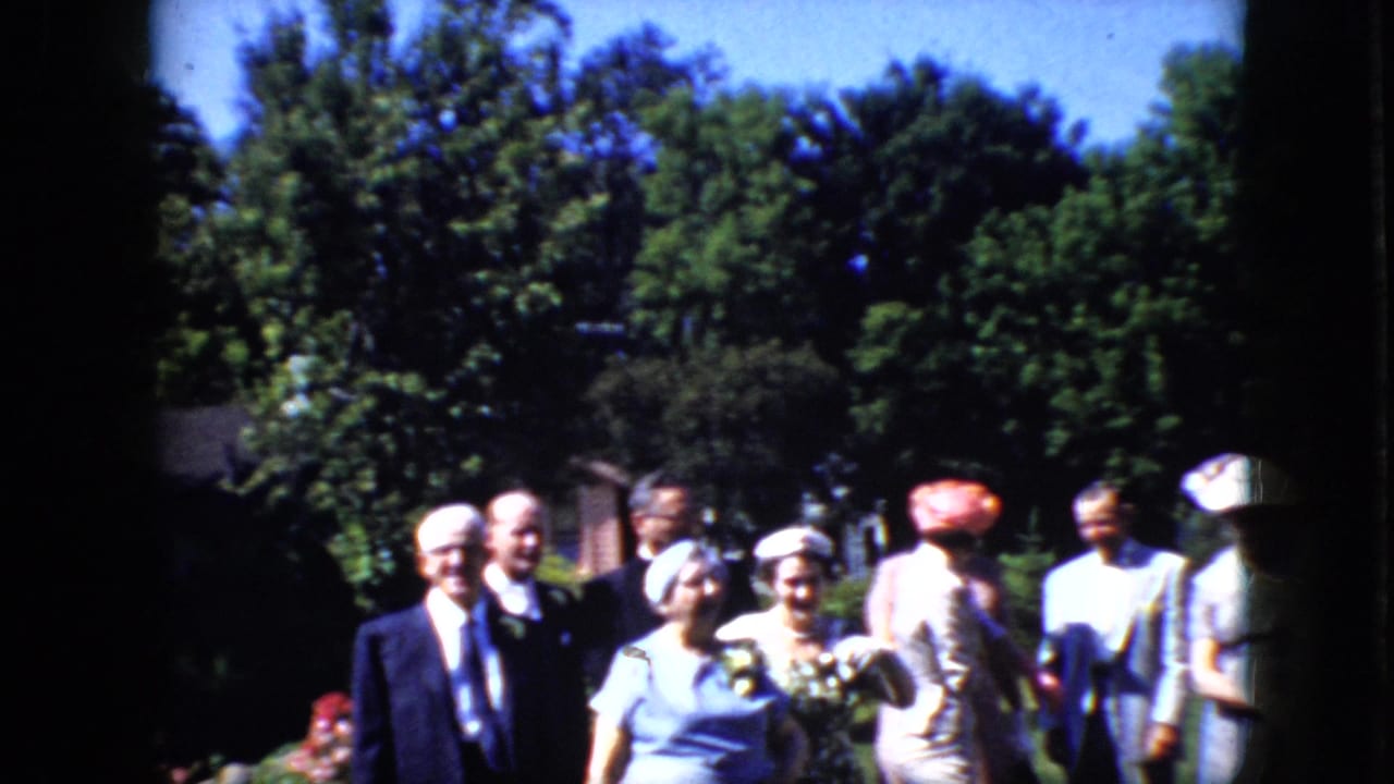 Adults in suits and dresses stand outside in bright sun near trees.