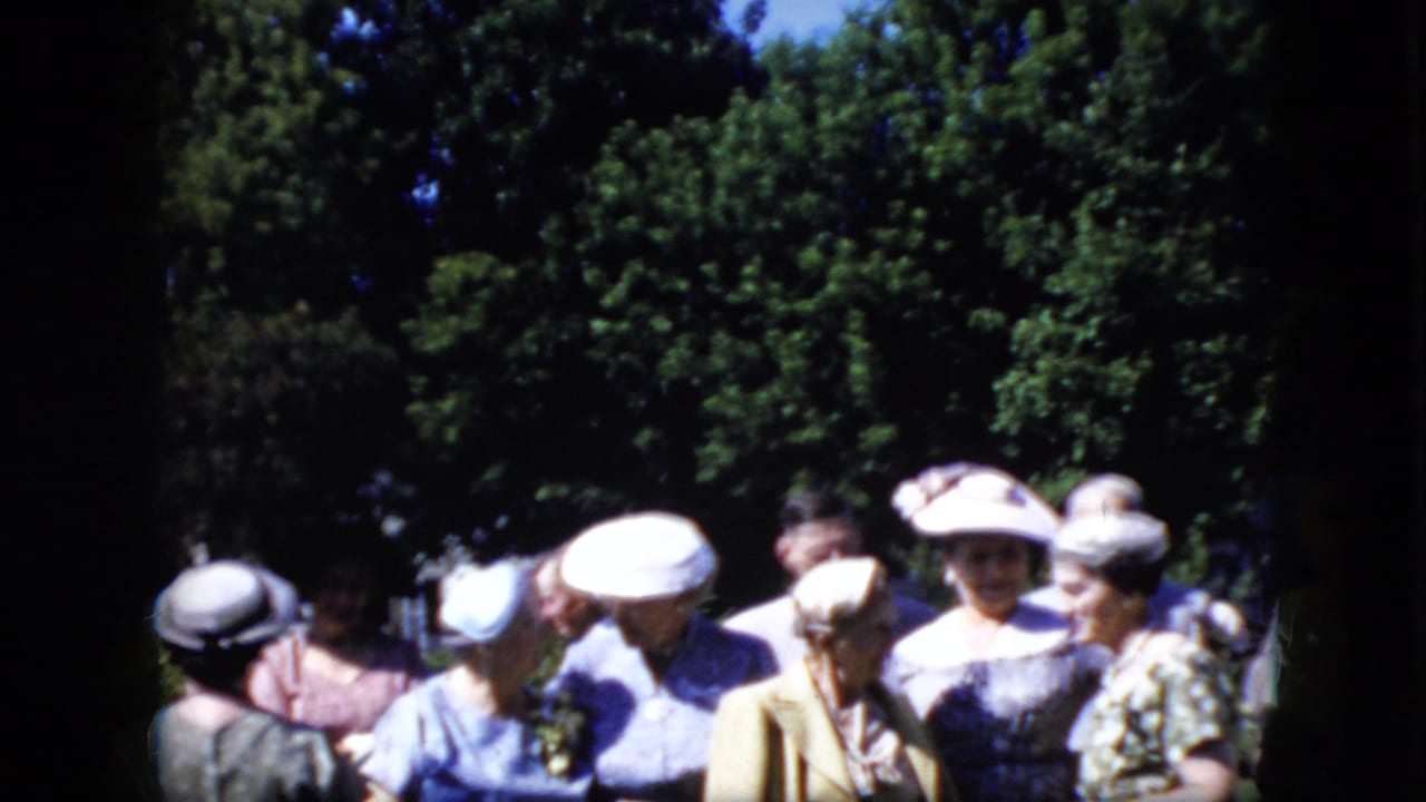 Women in dressy clothing and hats gather outdoors under trees.