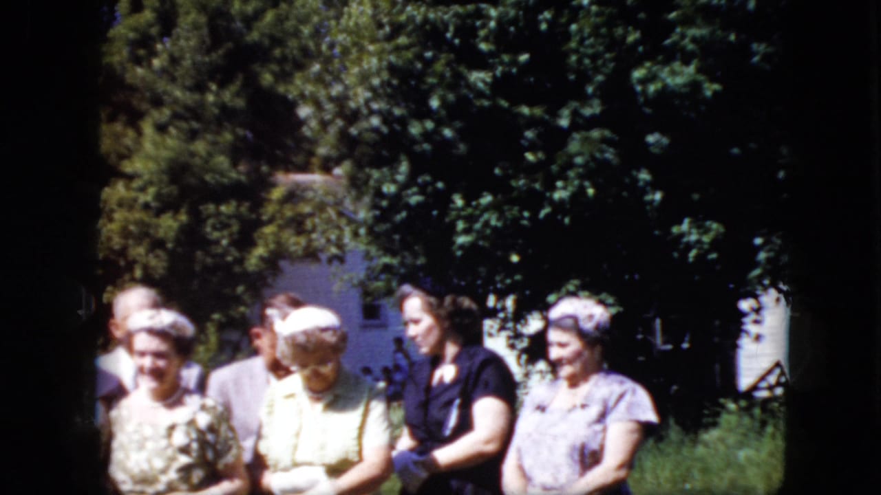 Group of older adults seated or standing in sunlight near trees and a white house.