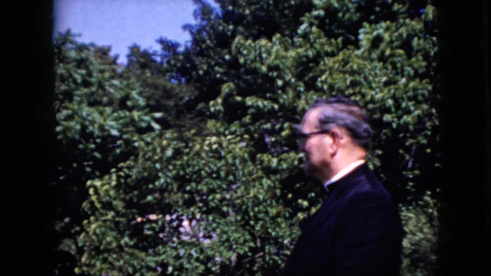 The man in a dark suit appears turned slightly away from the camera, with bright green trees and strong outdoor light behind him.