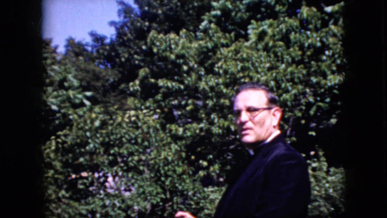 Priest in dark clothing and glasses standing outdoors near trees.