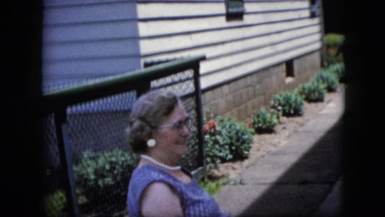 Older woman in glasses and a blue sleeveless top stands by a chain-link fence.
