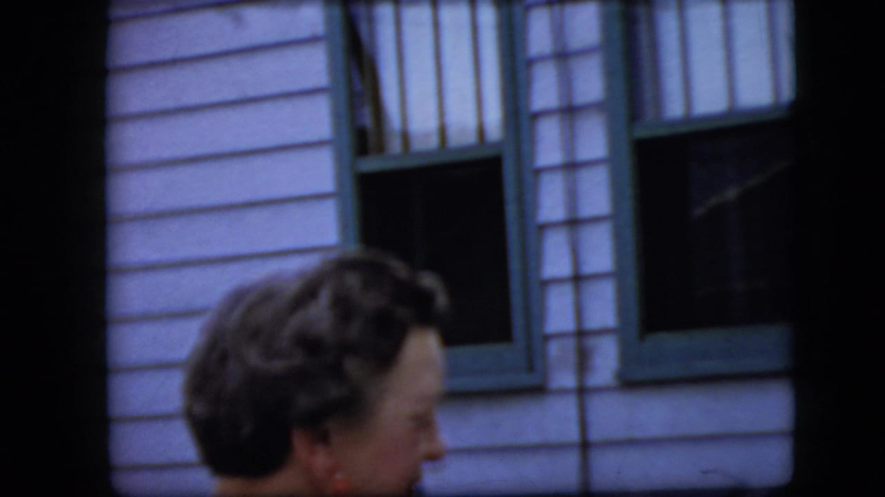 Elderly woman in profile in front of green-trimmed windows.