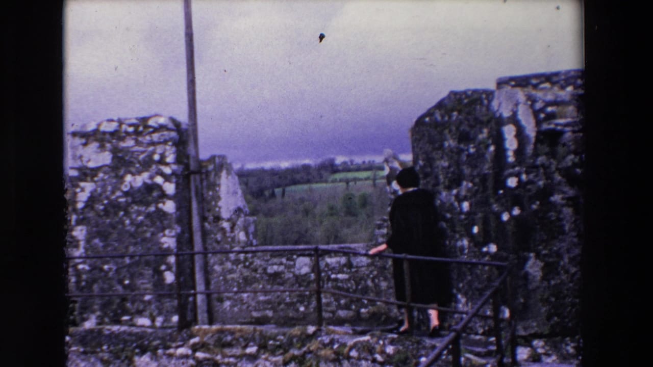 A woman in a dark coat stands with her back partly turned on castle ramparts in Ireland, with rough stone walls and green countryside beyond.