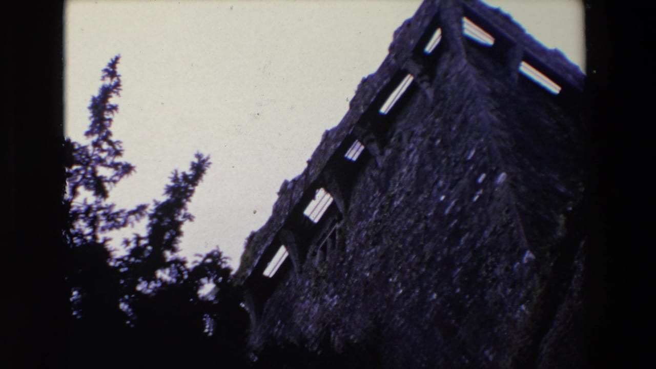 1969 Ireland 8mm frame looking upward at a weathered stone castle wall with narrow openings, silhouetted evergreen trees, pale sky, and visible film border.
