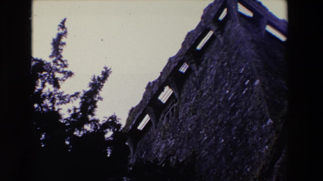 Stone castle wall rises diagonally against pale sky with trees in shadow.