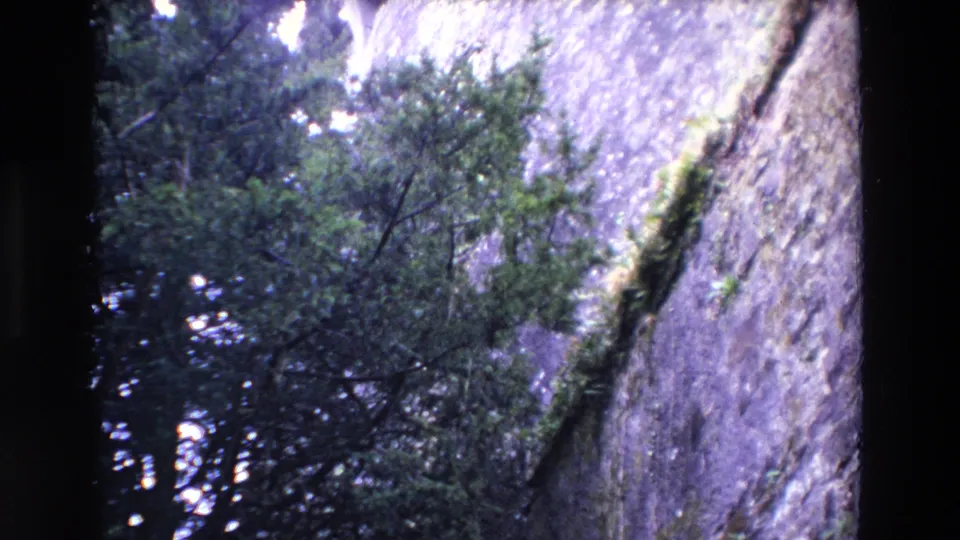 1969 Ireland 8mm frame showing a closer angled view of rough stone masonry with mossy crevices and evergreen branches in front.