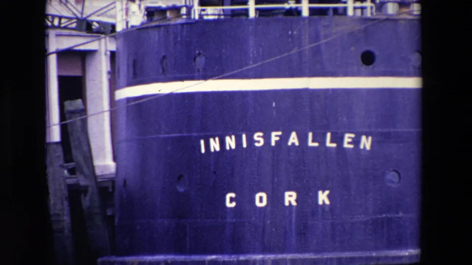 1969 Ireland frame showing the blue hull of a docked vessel with "INNISFALLEN" and "CORK" clearly lettered on the side.