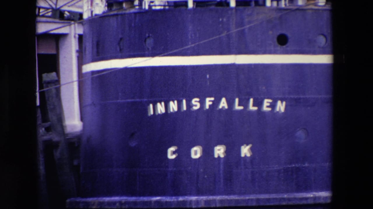 1969 Ireland 8mm frame showing the blue hull of the ship INNISFALLEN with CORK lettering, portholes, and a white stripe.