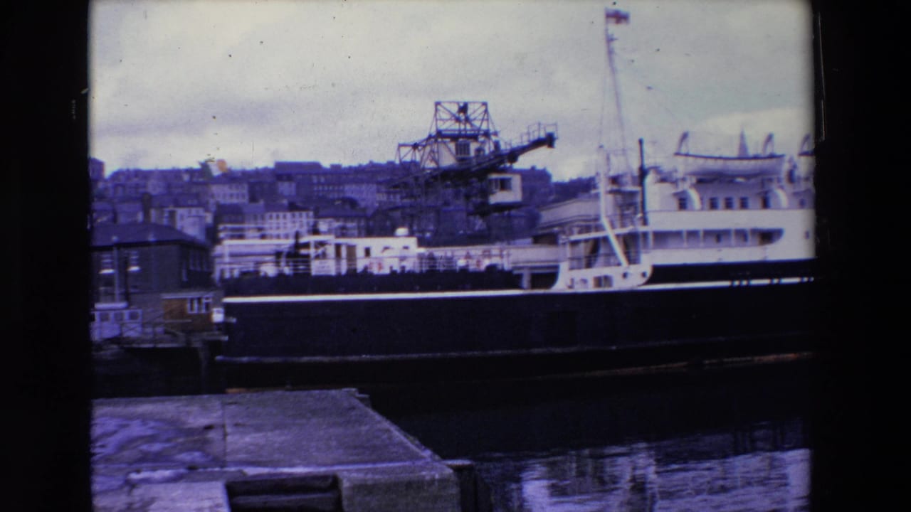 Large docked ship in a harbor with crane structure and waterfront buildings in the background.