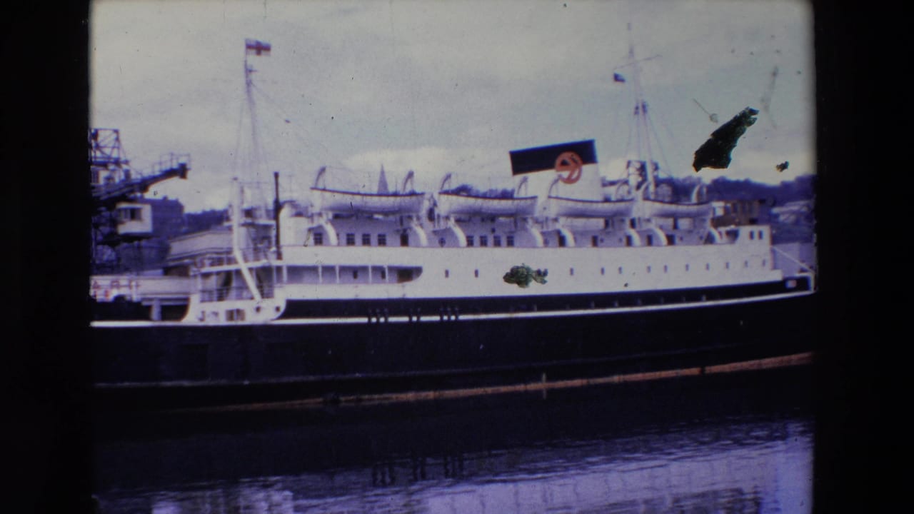 Moored passenger ship with funnel logo, harbor cranes, and water reflection.