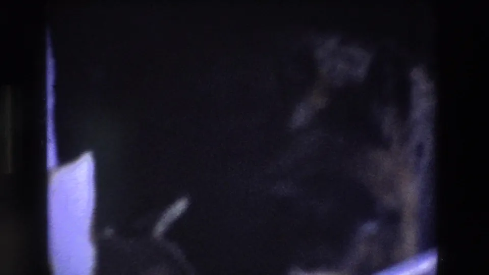 A dark German Shepherd-type dog appears behind vertical cage bars in blue-tinted 1969 Ireland 8mm footage, with the frame heavily shadowed and soft.