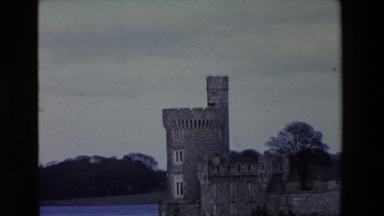 Closer view of a crenellated castle tower near water and trees.
