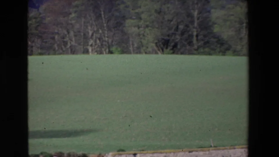 1969 Ireland home-movie still of a wide grassy field under daylight, with distant trees and dark window-like borders in the foreground.