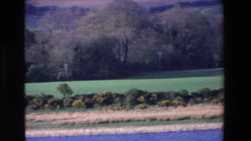 Ireland 1969 8mm frame with blue water in the foreground, a light shoreline, a green field, hedgerow, and dark wooded background.
