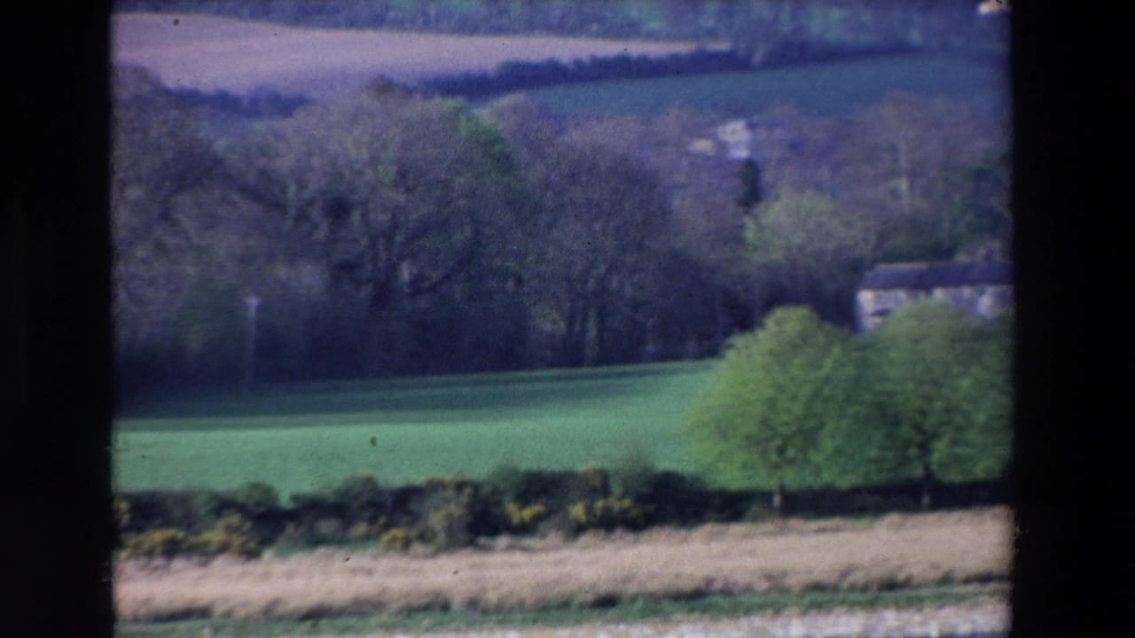 Green fields, hedges, trees, and distant buildings above a riverbank.