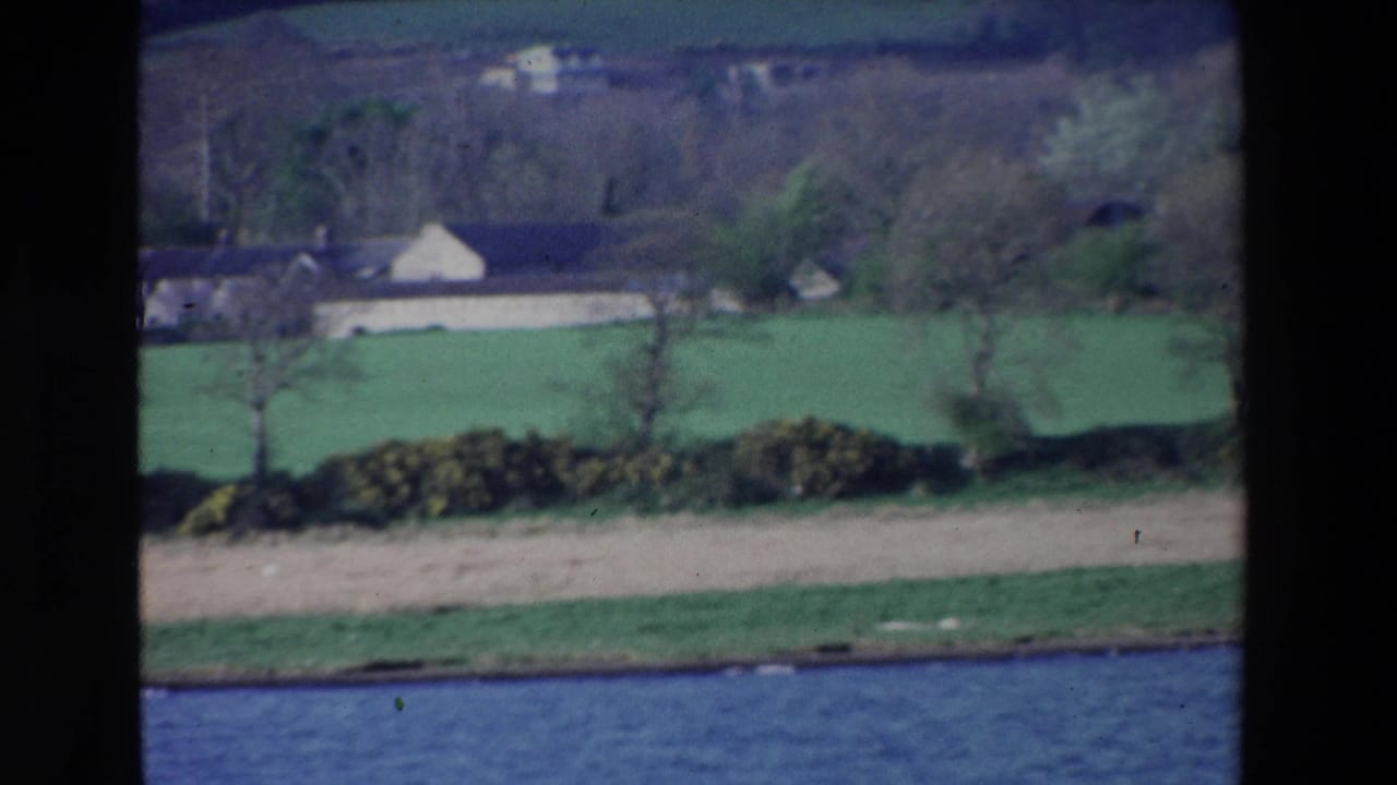 1969 Ireland 8mm frame showing water at the base of a grassy slope with divided green fields, scattered trees, and distant farm buildings beyond dark film borders.