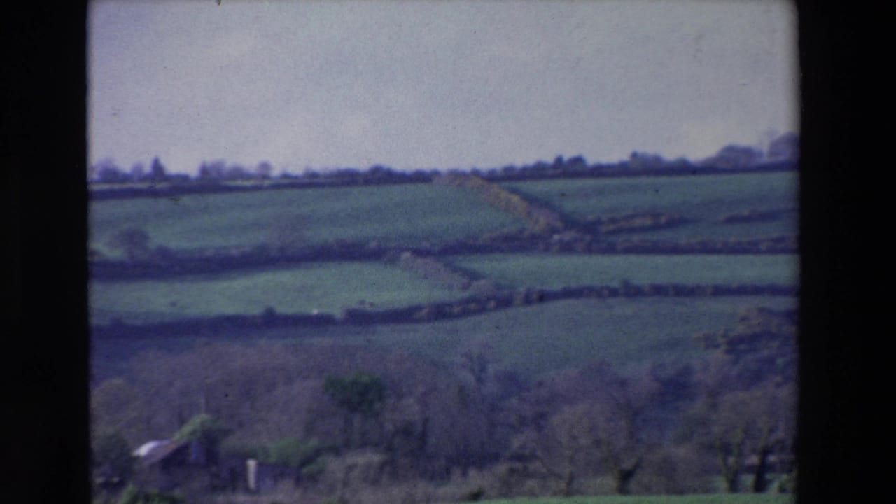 1969 8mm view of rural Ireland with layered green fields, hedgerow boundaries, distant trees, and a soft overcast horizon.