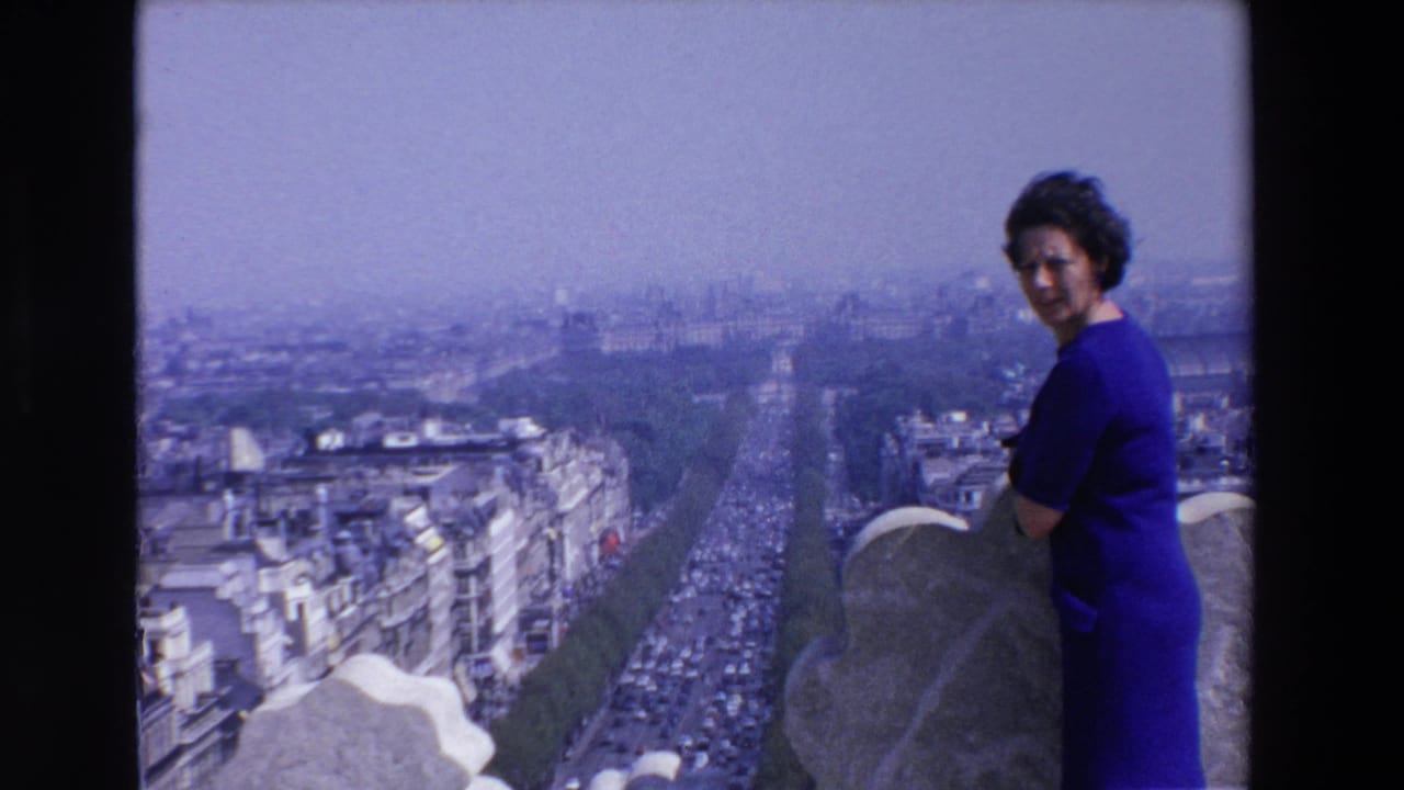 Woman in a blue dress stands beside a stone overlook above a broad traffic-filled boulevard.