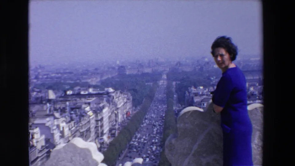 Woman in a bright blue dress stands at a high overlook in France, with a long tree-lined roadway, city buildings, and hazy skyline below.