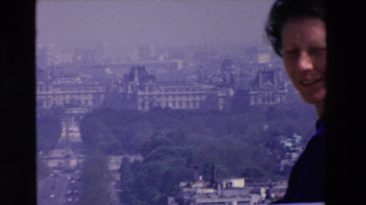 Adult woman in a dark purple top smiles near the camera at an elevated French city viewpoint, with hazy buildings and trees in the background.