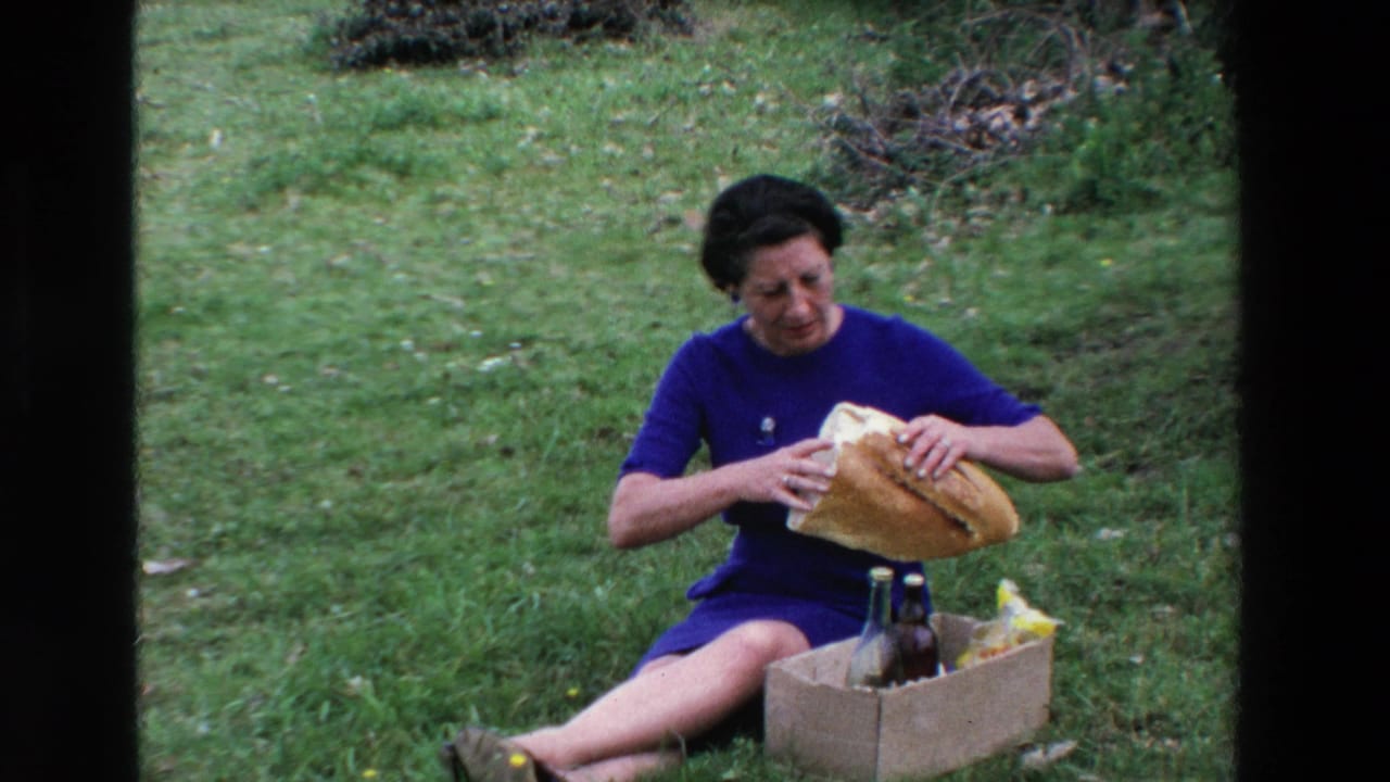 Woman seated on grass slicing a large loaf of bread over a picnic box.