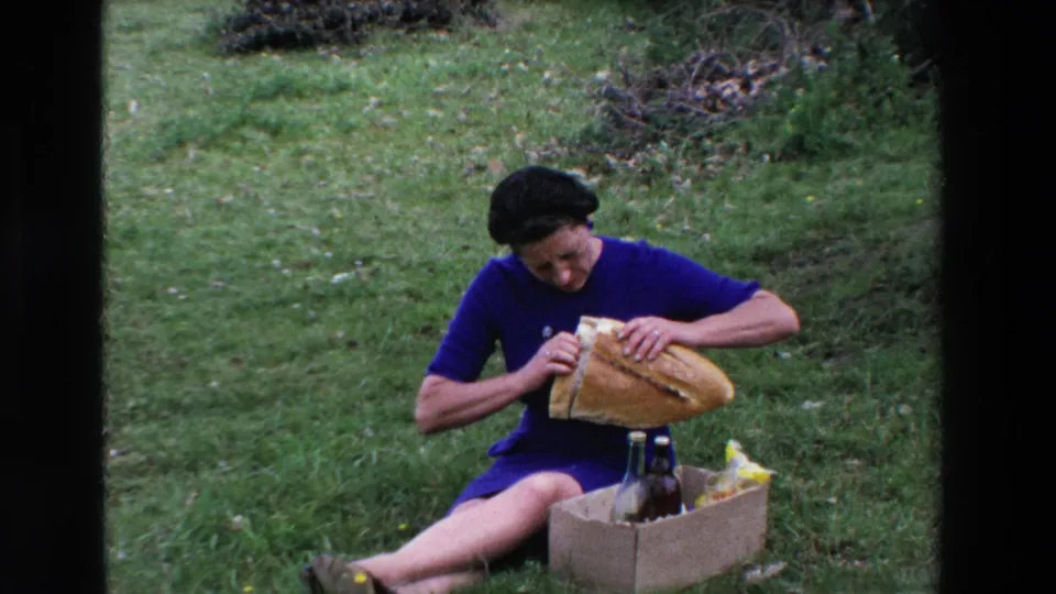 A woman in a blue dress cuts into a large loaf of bread while seated on grass with picnic bottles and food arranged in a cardboard box.