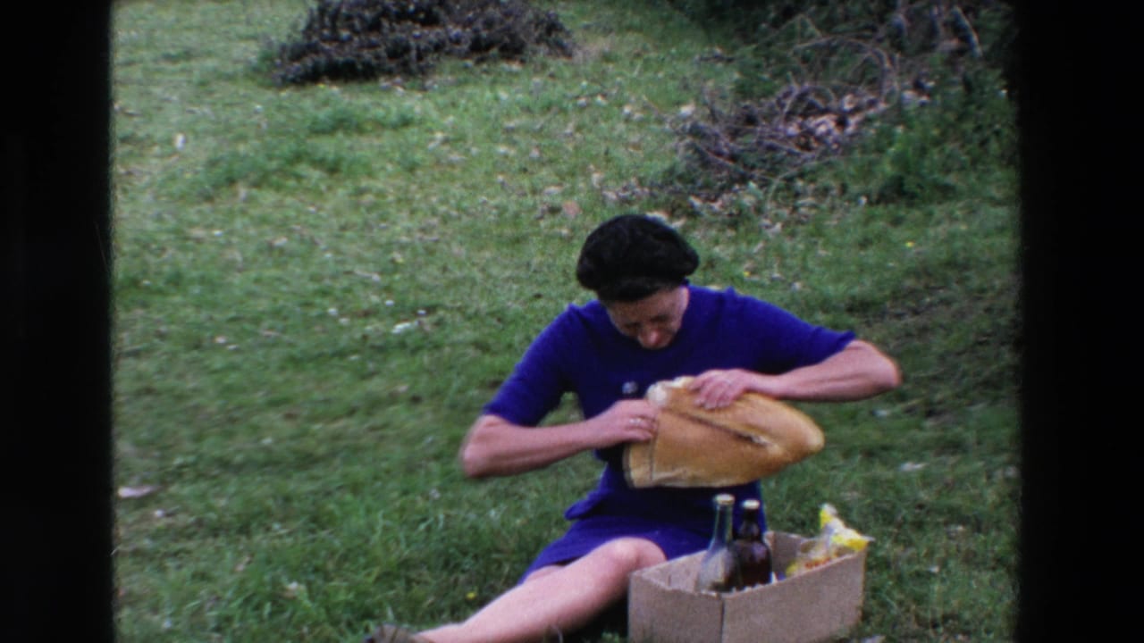 In 1969 France home-movie footage, a woman in a blue dress sits on grass and works at the wrapping around a loaf beside a cardboard box with bottles and snacks.