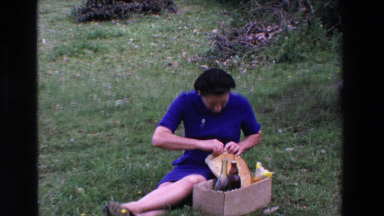 In 1969 home-movie footage from Loudes, France, a woman in a blue dress sits on a grassy lawn and cuts bread beside a cardboard picnic basket with bottles inside.