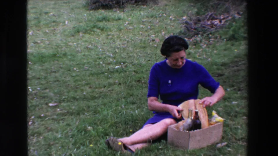 At the end of the 1969 picnic clip, the woman looks down as she continues cutting or arranging bread beside the cardboard basket on the lawn.