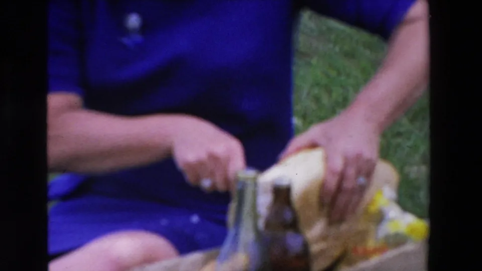 The final frame stays close on the picnic setup, with the woman in blue holding bread near glass bottles, food wrapping, and grass in the 1969 Loudes footage.