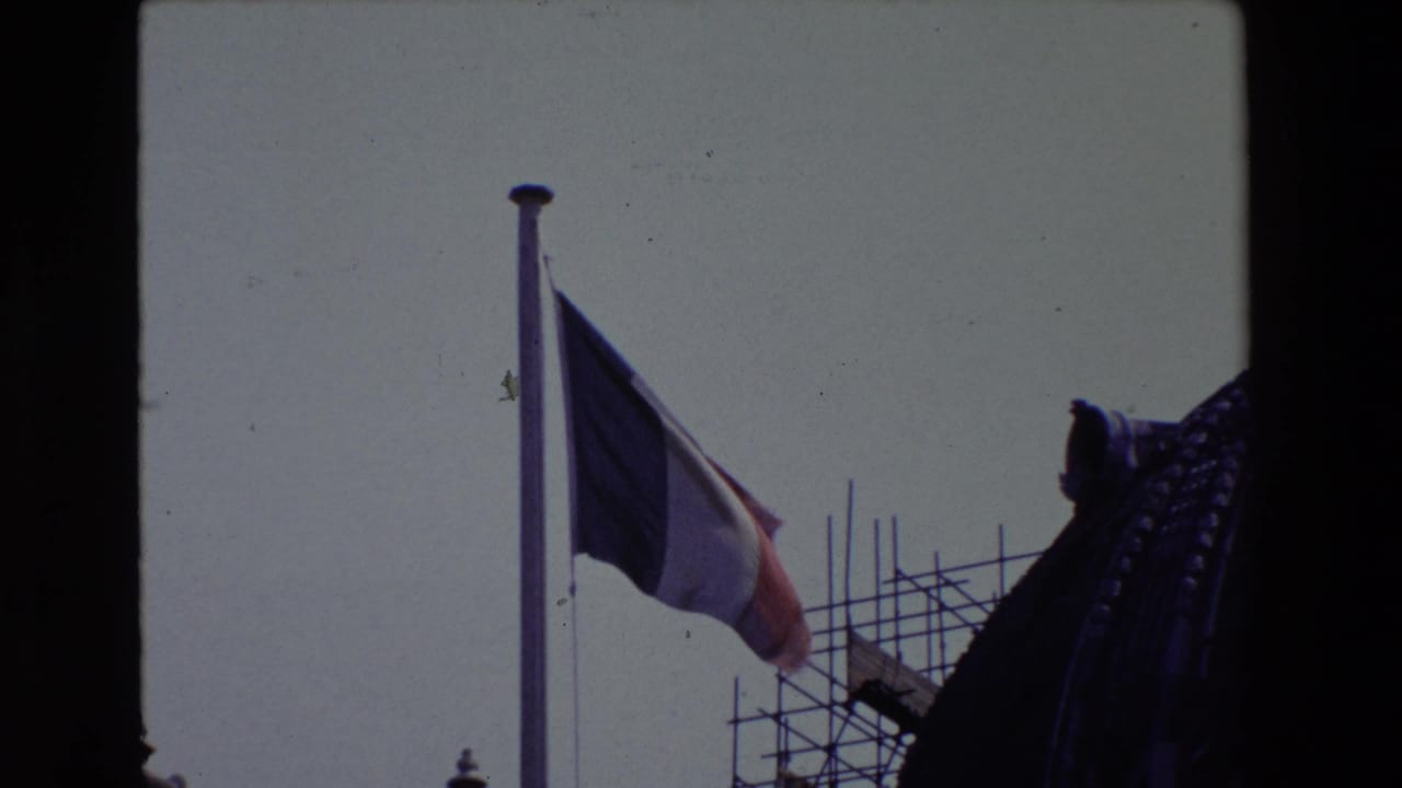 French flag on a pole with scaffolding and dark architectural detail nearby.