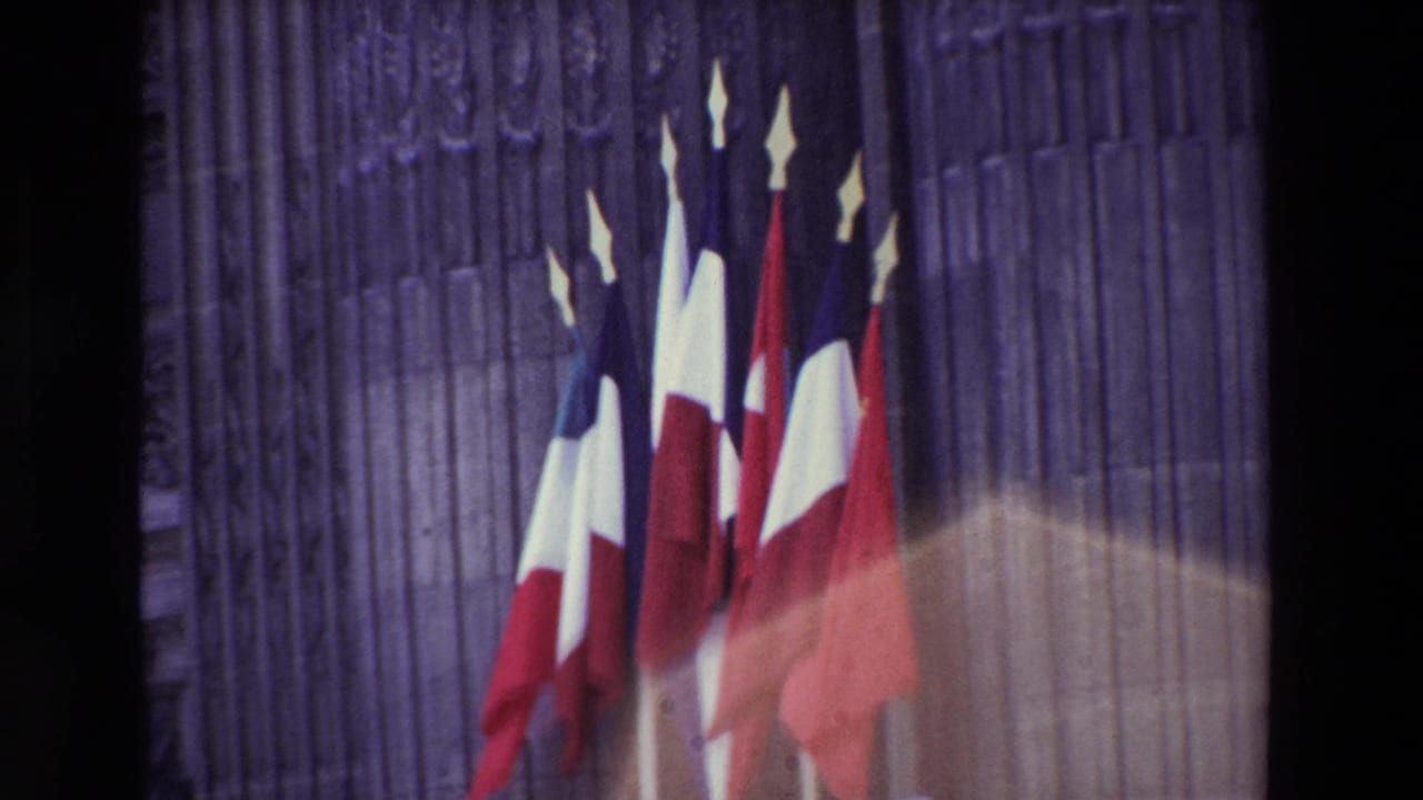 French tricolor flags in front of tall ornate stonework.