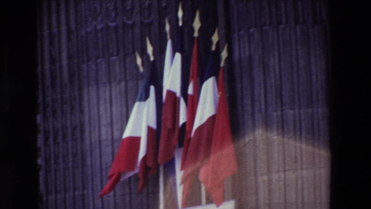French flags clustered before a tall stone facade.