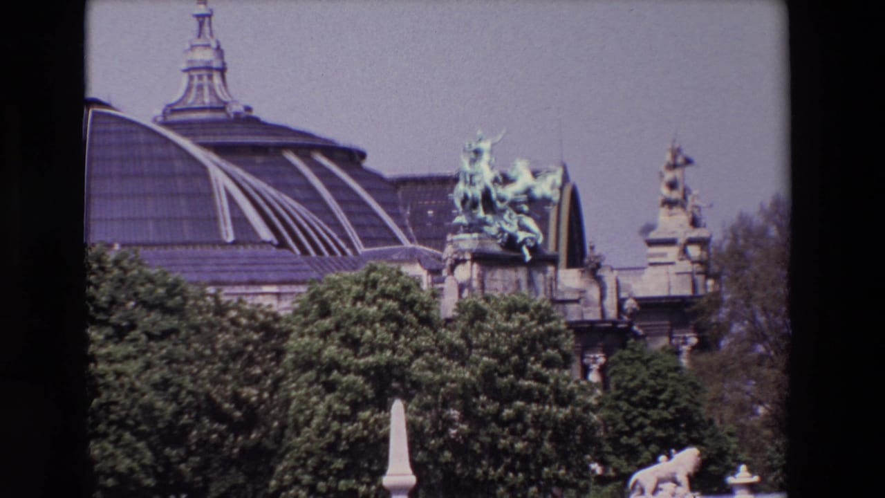 Landmark dome and patinated horse sculpture seen over treetops with a white sculpture at lower right.